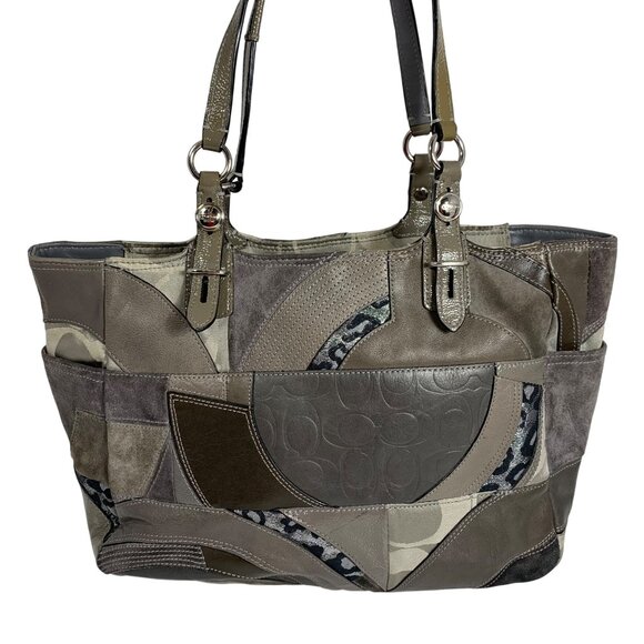 Coach Gray Signature Patchwork Leather Suede Blend Shoulder Tote Bag F15459 - Picture 1 of 10